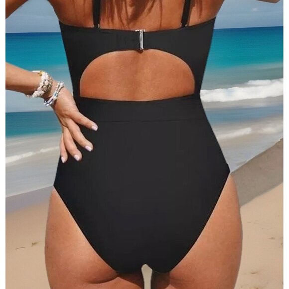 Cupshe Women One Piece Swimsuit L Black Cutout High Waist Crisscross Back Cheeky - Picture 2 of 9